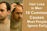 Before and after of male hair loss awareness — man ignoring signs on left, concerned on right