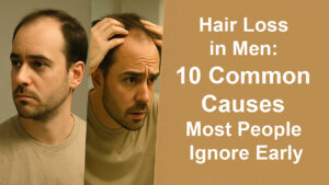Before and after of male hair loss awareness — man ignoring signs on left, concerned on right