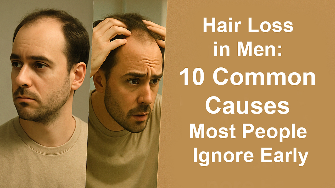 Before and after of male hair loss awareness — man ignoring signs on left, concerned on right