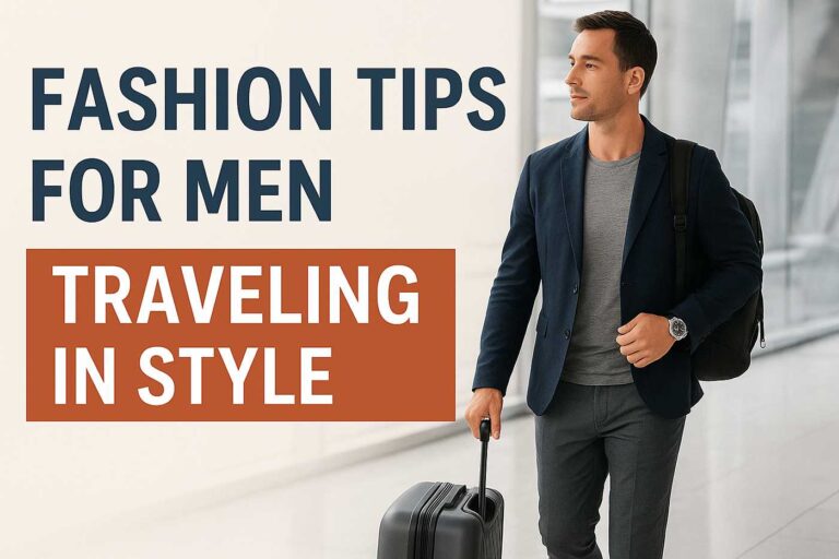 Men’s travel fashion tips – wrinkle-free clothes, slip-on shoes, backpack, and GMT watch for stylish travel.