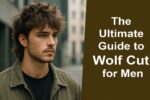 Young man with a stylish layered wolf cut hairstyle, standing in a minimalist urban setting, showcasing voluminous textured hair