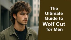 Young man with a stylish layered wolf cut hairstyle, standing in a minimalist urban setting, showcasing voluminous textured hair