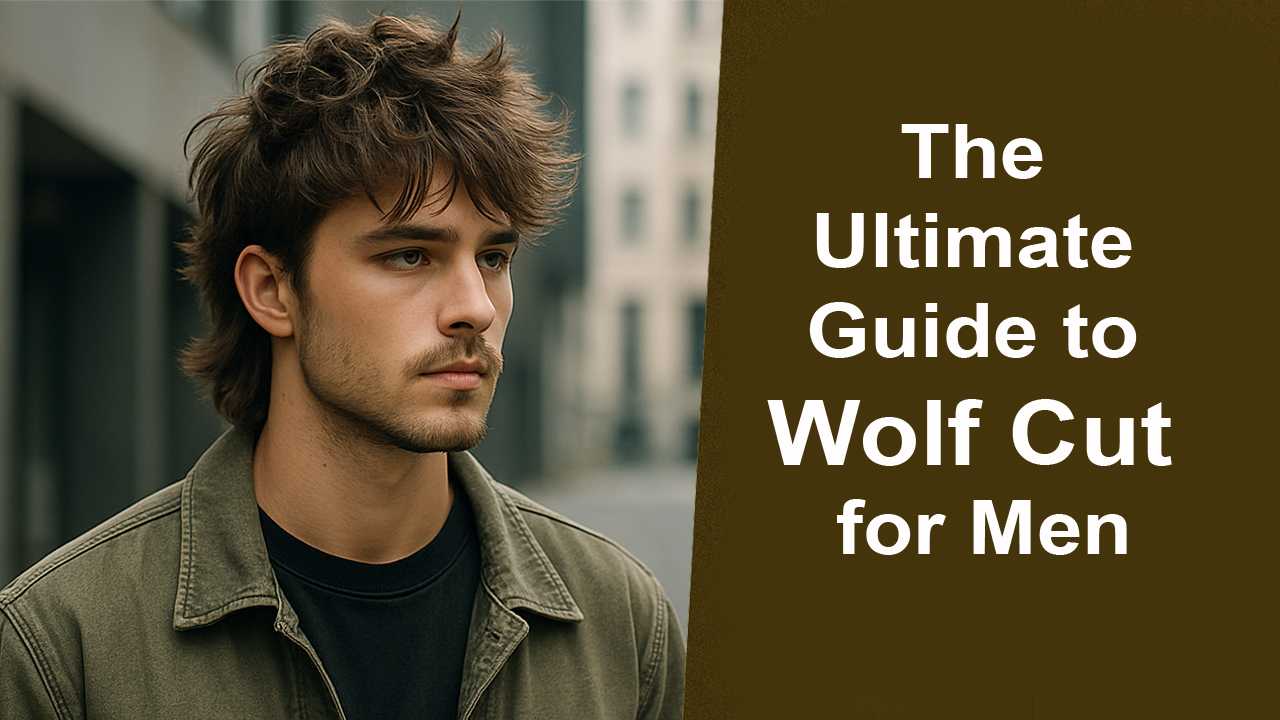 Young man with a stylish layered wolf cut hairstyle, standing in a minimalist urban setting, showcasing voluminous textured hair