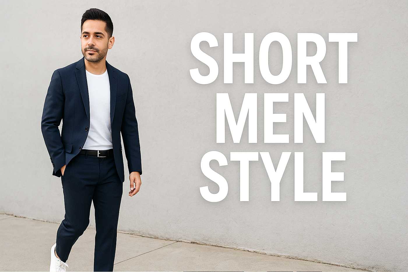 Stylish short man in navy blazer and slim-fit trousers walking confidently, showcasing short men style fashion tips.