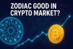 Zodiac good in crypto market concept with glowing zodiac wheel, Bitcoin coin, and rising chart on starry background