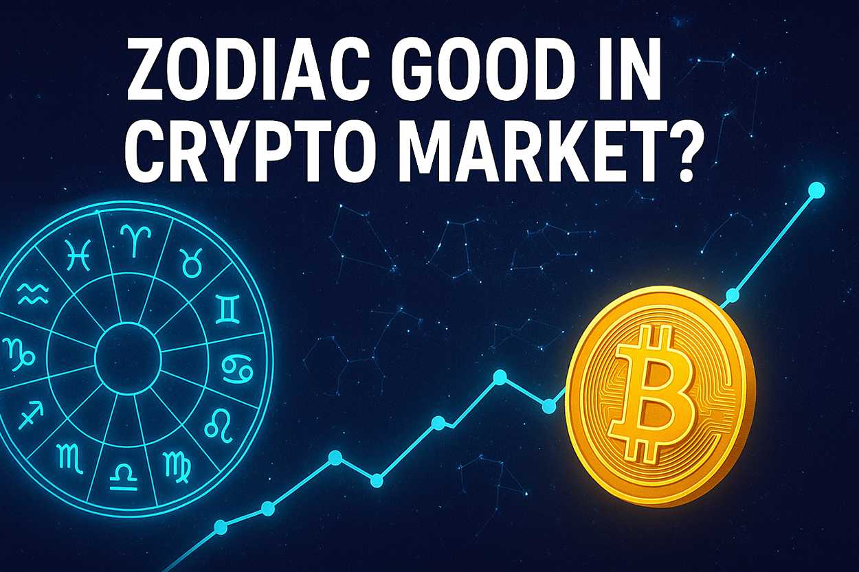 Zodiac good in crypto market concept with glowing zodiac wheel, Bitcoin coin, and rising chart on starry background