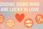Pastel illustration of zodiac signs Cancer, Libra, Pisces, and Capricorn with a heart symbol, representing zodiac signs who are lucky in love in 2025.
