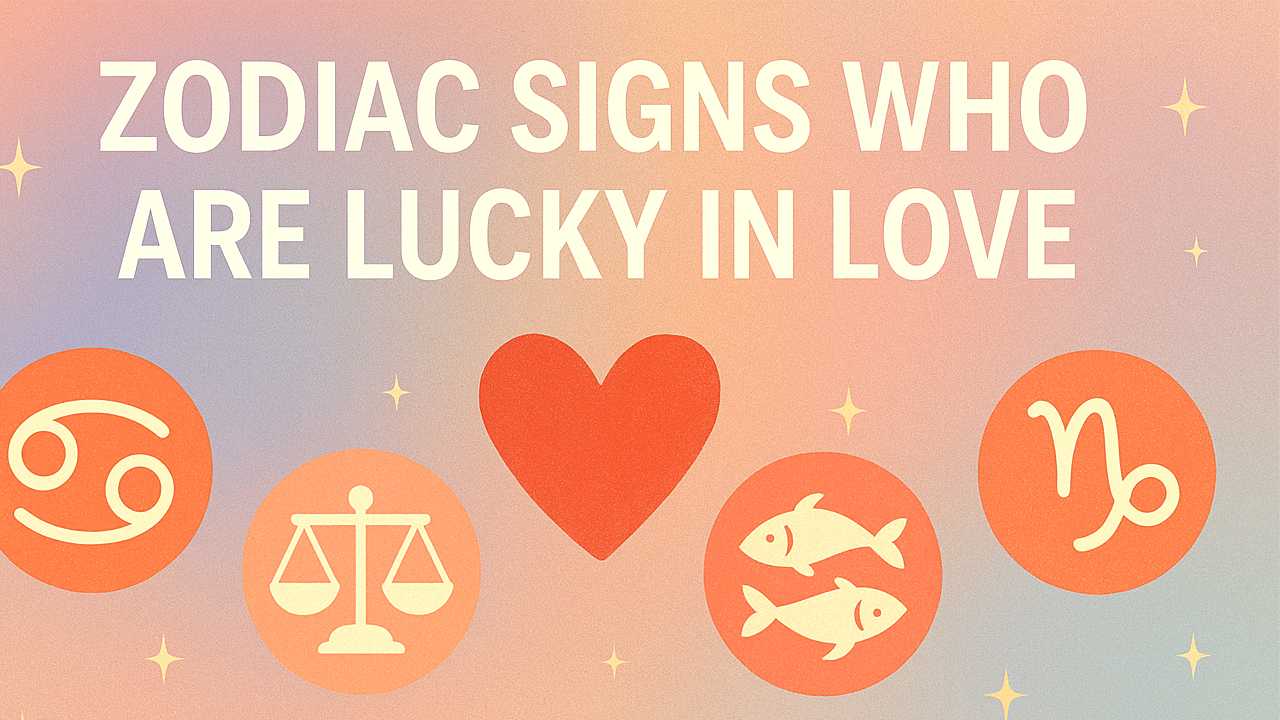 Pastel illustration of zodiac signs Cancer, Libra, Pisces, and Capricorn with a heart symbol, representing zodiac signs who are lucky in love in 2025.