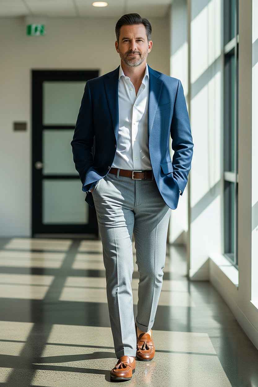 Business casual outfit for men over 40 with blazer, trousers, and loafers.