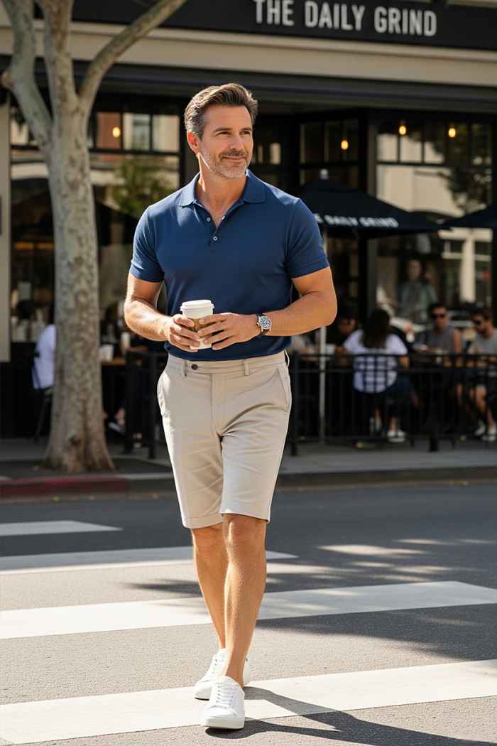 Stylish man over 40 in polo shirt, tailored shorts, and white sneakers on a casual weekend outing.