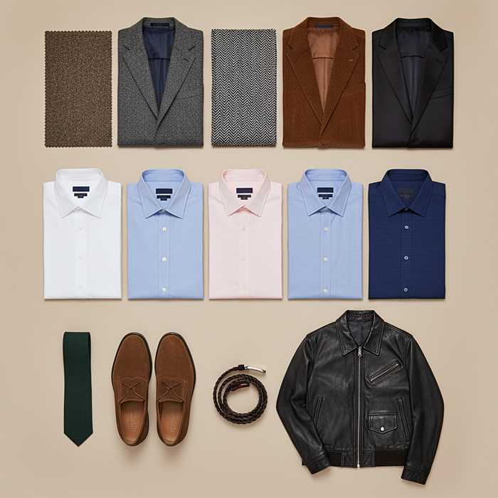 Flat lay of men’s clothing textures including tweed, flannel, herringbone, corduroy, satin wool, broadcloth, oxford, poplin, twill, knit ties, suede shoes, woven belt, and leather jacket — a visual style guide.