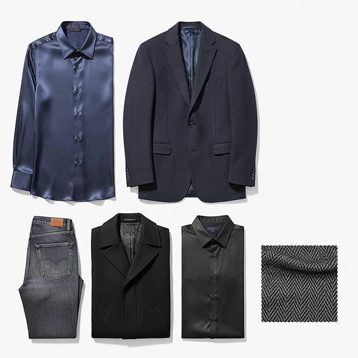 Flat lay of men’s smart casual clothing including a navy silk shirt, navy wool blazer, black cotton jeans, black wool coat, polyester black shirt, and a herringbone fabric swatch - demonstrating how fabric textures affect color and pattern in men’s style.