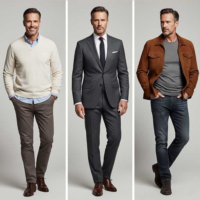 Editorial image of three men showing how texture changes style: one in a soft cashmere sweater and cotton shirt for approachable look, one in a wool suit with leather shoes for authority, and one in rugged denim with a suede jacket for effortless cool.