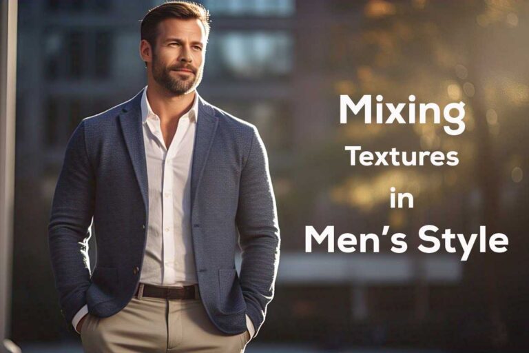 A stylish middle-aged man in a textured blazer, standing confidently in natural light with a modern minimal background, showcasing smart casual fashion.