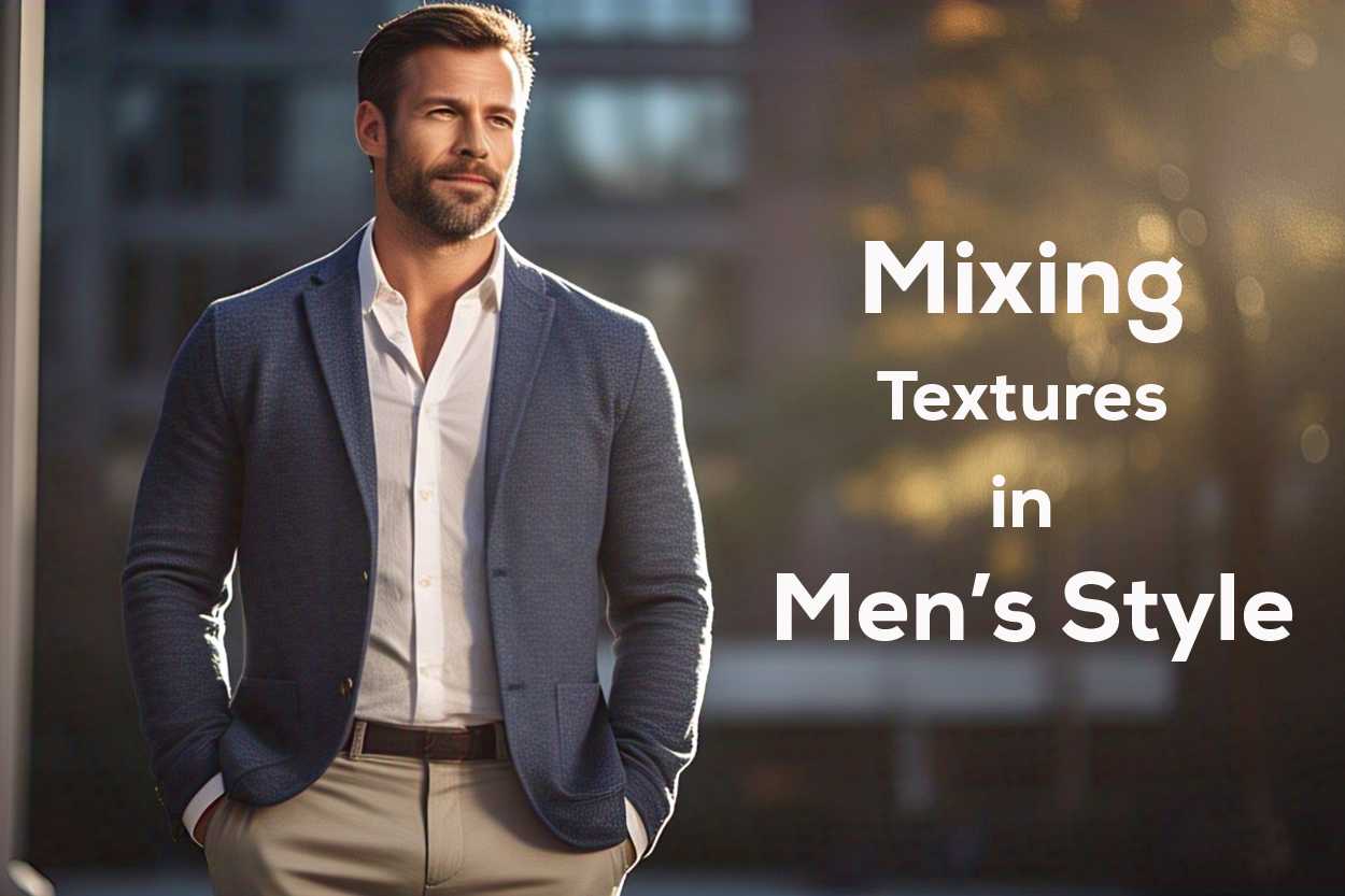 A stylish middle-aged man in a textured blazer, standing confidently in natural light with a modern minimal background, showcasing smart casual fashion.