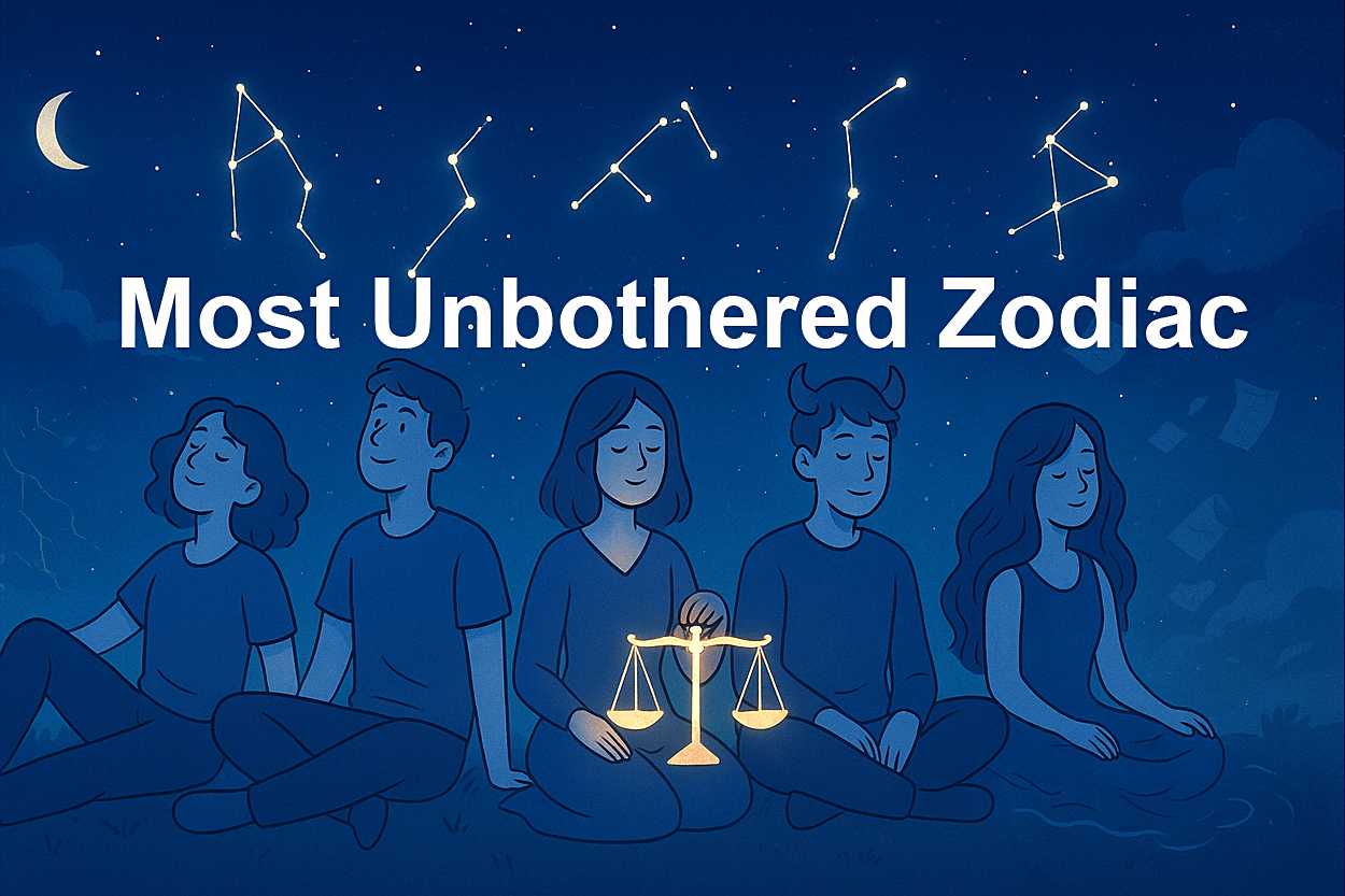 Digital illustration of the most unbothered zodiac signs — Aquarius carefree personality, Sagittarius free spirit nature, Libra balanced mind, Taurus calm and steady, and Pisces dreamy and detached sitting peacefully under a starry night sky with glowing zodiac constellations, symbolizing calm, chill, and stress free zodiac vibes.