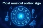 Dreamy cosmic zodiac wheel glowing in the night sky with Pisces highlighted, surrounded by musical notes, guitar, piano, and microphone.