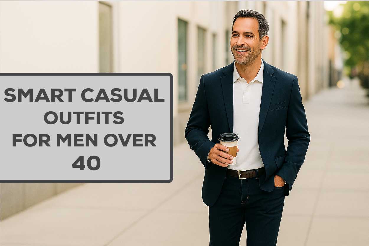 Stylish man in his 40s wearing smart casual outfit with blazer, polo shirt, and jeans, holding coffee, text overlay “Smart Casual Outfits for Men Over 40.