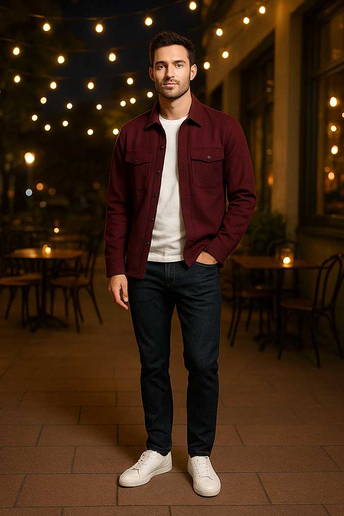 Stylish man in a burgundy jacket with neutral outfit, casual Valentine’s Day date look.
Title: Valentine’s Day Men’s Outfit with Burgundy Jacket