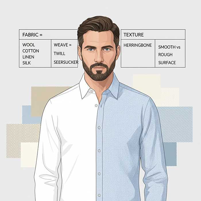 Infographic-style image of a stylish man wearing cotton broadcloth and oxford shirts, showing smooth vs rough fabric textures in men’s clothing.