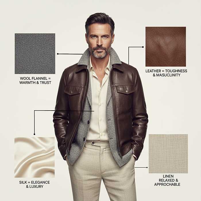 Infographic showing wool flannel, leather, silk, and linen textures with their emotional meanings, centered around a stylish man