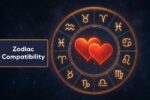 Artistic zodiac compatibility wheel with 12 glowing zodiac signs arranged in a circle and two red hearts in the center, symbolizing love and relationships.