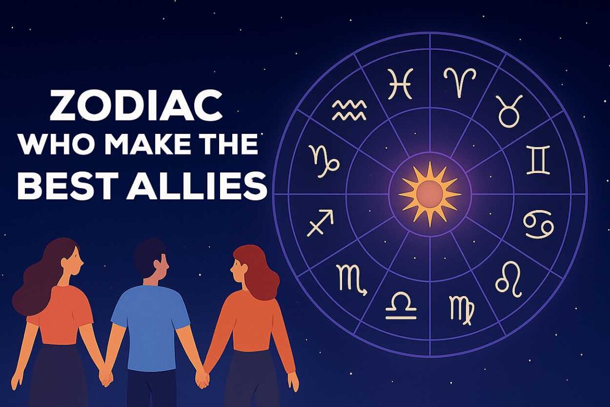 Three friends holding hands under a starry night sky, looking at a glowing zodiac wheel with 12 astrological signs, symbolizing zodiac who make the best allies.