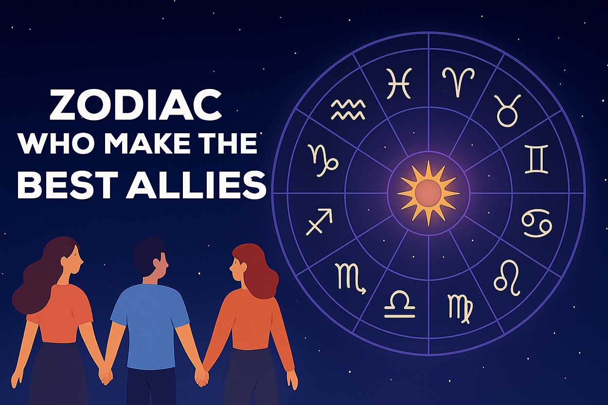 Three friends holding hands under a starry night sky, looking at a glowing zodiac wheel with 12 astrological signs, symbolizing zodiac who make the best allies.