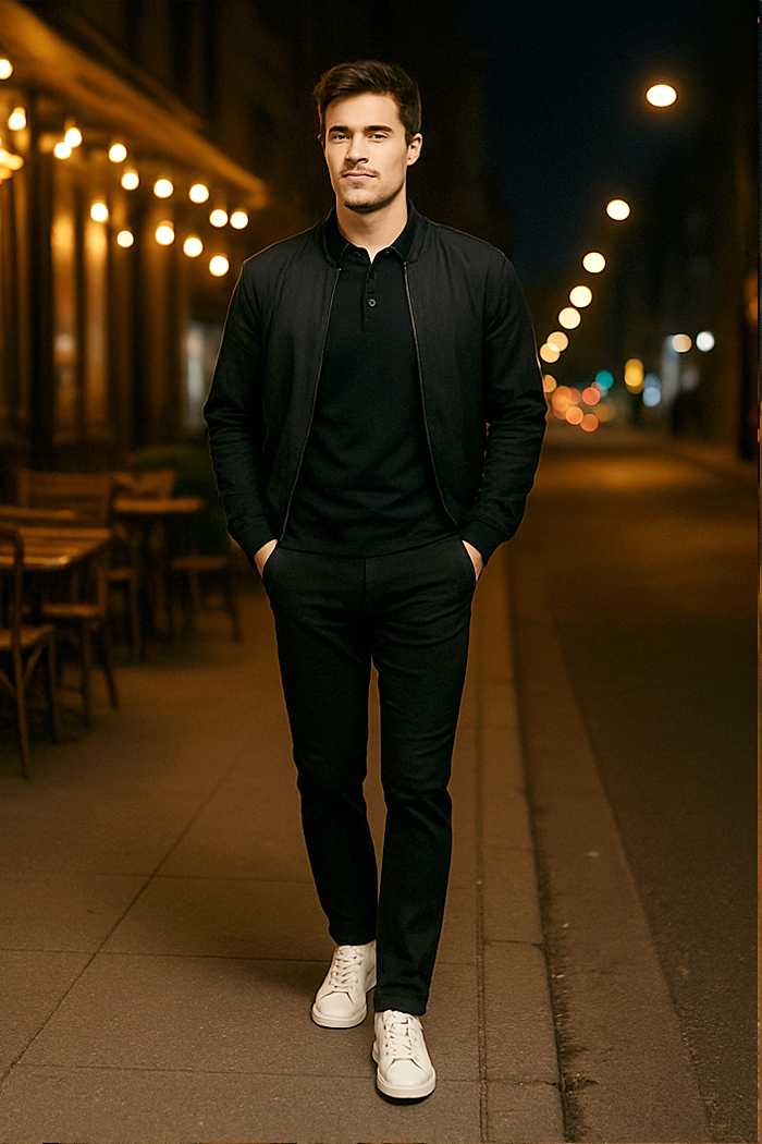 Young man wearing all-black outfit with jeans, polo, and bomber jacket, styled with white sneakers for a confident casual date look.