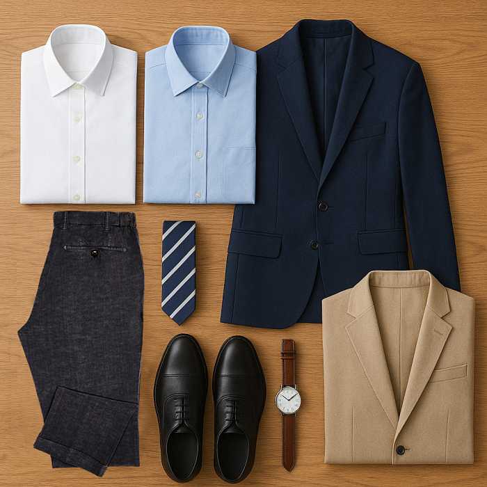 Flat-lay of the best interview clothes for men — white and blue shirts, navy suit jacket, charcoal trousers, leather shoes, belt, striped tie, blazer with chinos, and a clean watch.