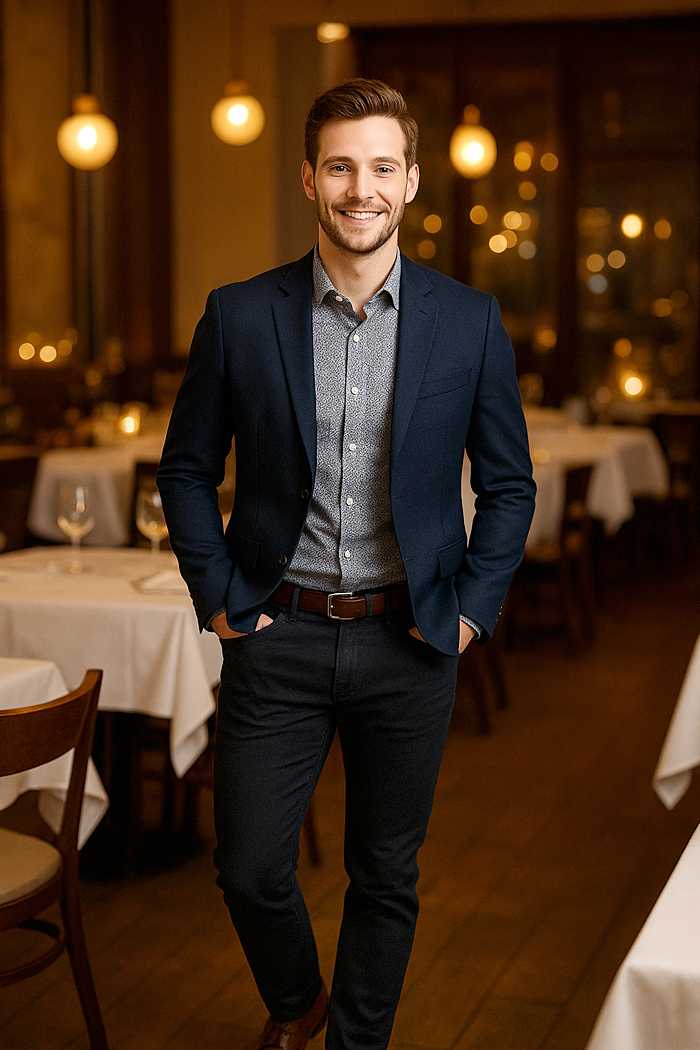 Man in navy blazer with patterned shirt and slim trousers, styled for a romantic date night at an upscale restaurant.