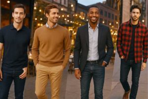 Four men in casual date night outfits – polo with jeans, chinos with sweater, blazer with jeans, and rugged flannel with boots – stylish evening look.