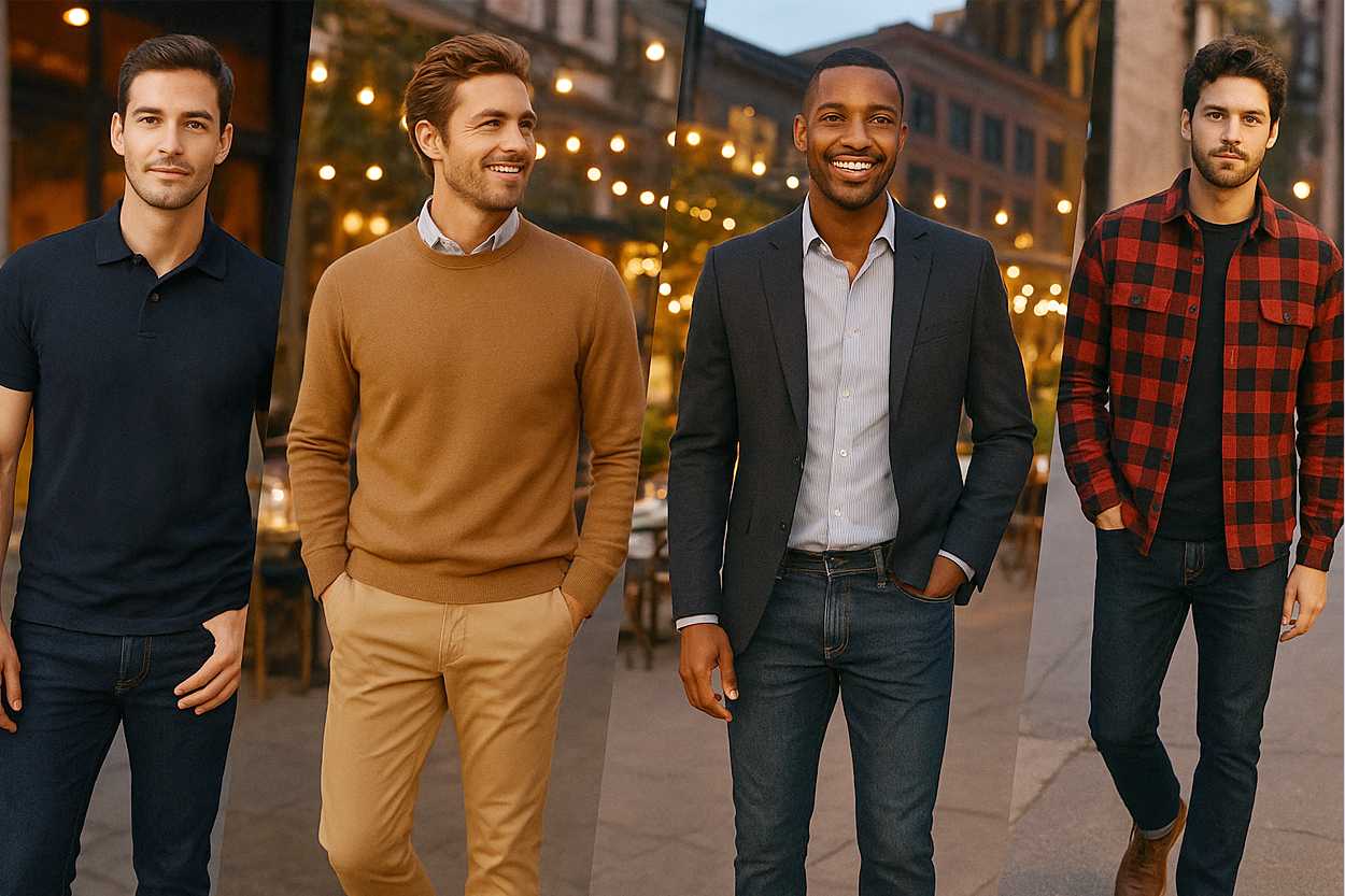 Four men in casual date night outfits – polo with jeans, chinos with sweater, blazer with jeans, and rugged flannel with boots – stylish evening look.