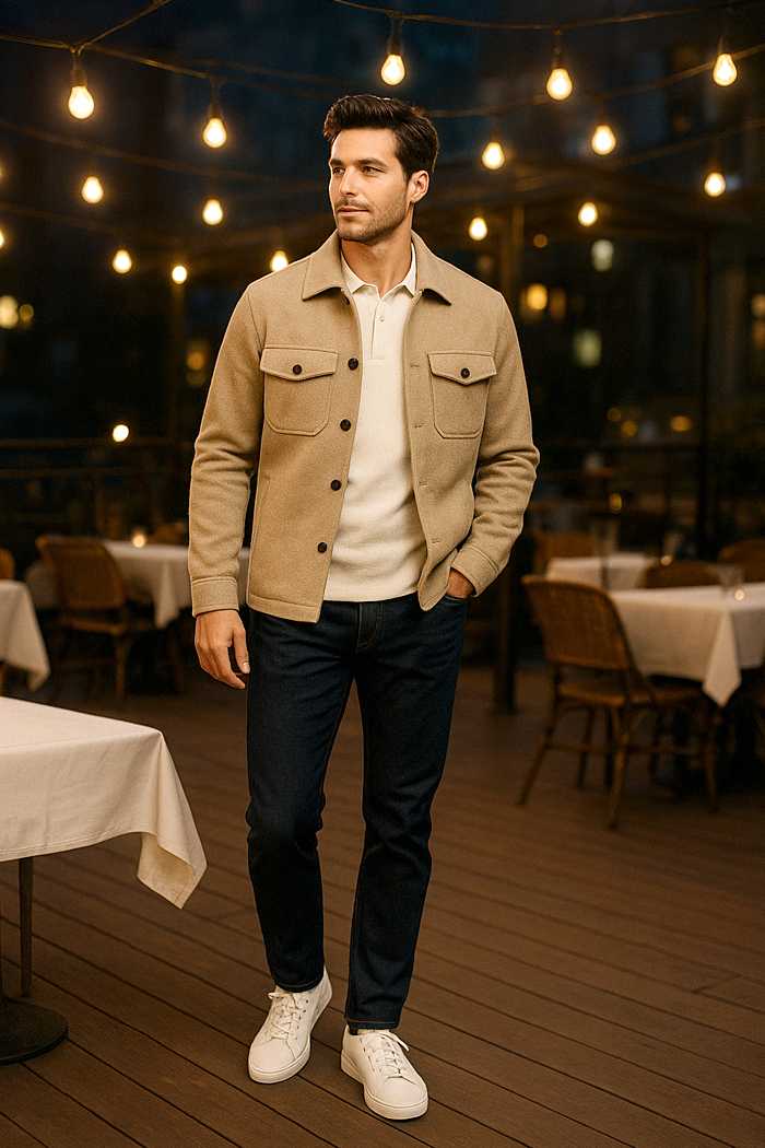Man wearing a beige shacket over a white knit polo with dark jeans and white sneakers at a rooftop café with string lights.