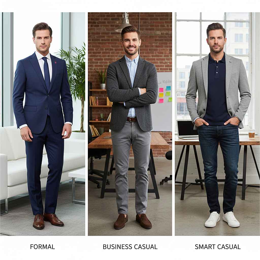 Three men showing formal suit, business casual, and smart casual job interview outfits for men.