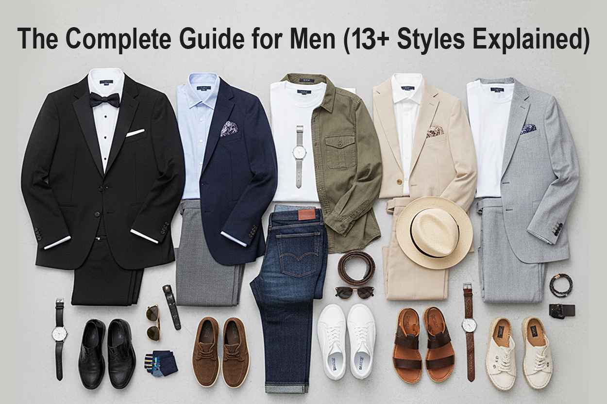 Flat lay of men’s fashion outfits including black tuxedo, navy blazer, casual jeans with shirt, beige linen suit, bow tie, loafers, and wristwatch, stylishly arranged on wooden background.