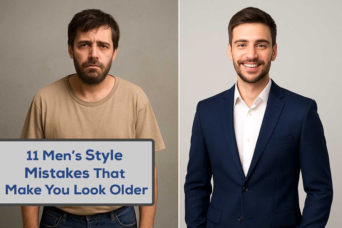 Split-screen comparison of a man before and after style changes, showing baggy outdated clothes vs sharp fitted suit.
