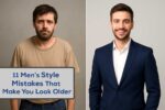 Split-screen comparison of a man before and after style changes, showing baggy outdated clothes vs sharp fitted suit.