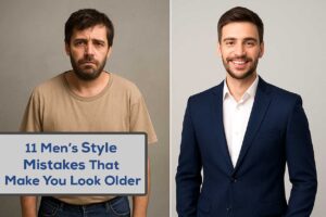 Split-screen comparison of a man before and after style changes, showing baggy outdated clothes vs sharp fitted suit.