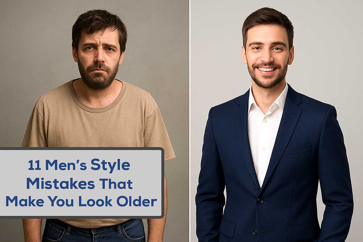 Split-screen comparison of a man before and after style changes, showing baggy outdated clothes vs sharp fitted suit.