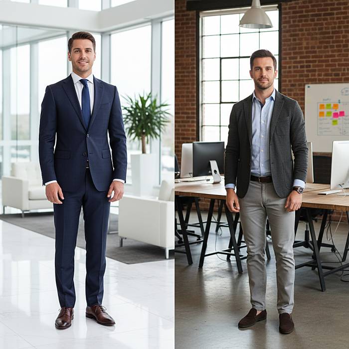 Two men showing professional attire for men interviews one in a full navy suit for a corporate role, the other in chinos, blazer, and loafers for a tech startup.