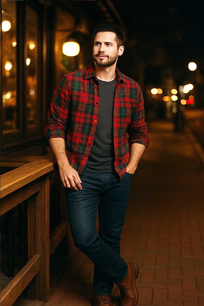 Man wearing a red plaid flannel shirt over a gray T-shirt with dark jeans and brown boots, standing outside on a warmly lit evening street.
