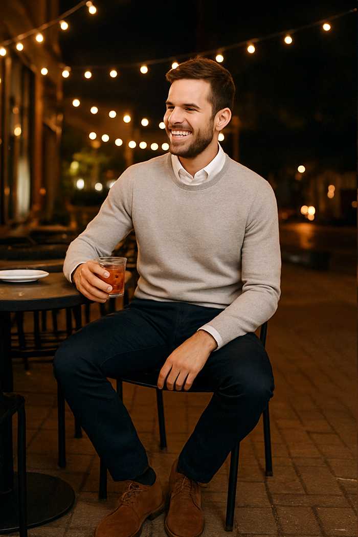 Man in smart casual date night outfit wearing navy chinos, white shirt, gray sweater, and brown chukka boots at an outdoor restaurant with string lights.