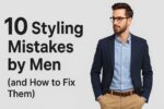 A confident, well-dressed man wearing a navy blazer and light blue shirt beside the headline text “10 Styling Mistakes by Men (and How to Fix Them)” on a clean gray background.