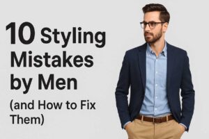 A confident, well-dressed man wearing a navy blazer and light blue shirt beside the headline text “10 Styling Mistakes by Men (and How to Fix Them)” on a clean gray background.