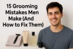 A young man with short dark hair smiling confidently beside men’s grooming essentials like a razor, moisturizer, and cologne — representing 15 grooming mistakes men make and how to fix them.