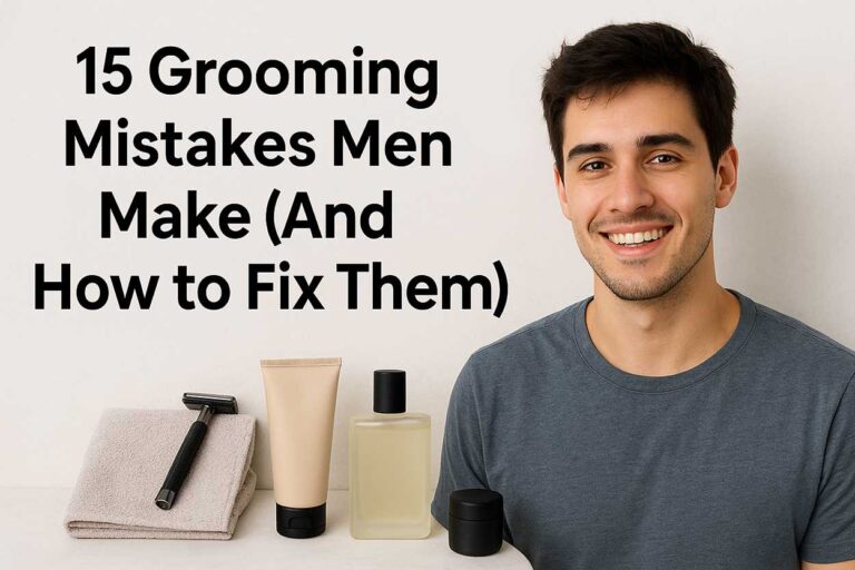 A young man with short dark hair smiling confidently beside men’s grooming essentials like a razor, moisturizer, and cologne — representing 15 grooming mistakes men make and how to fix them.