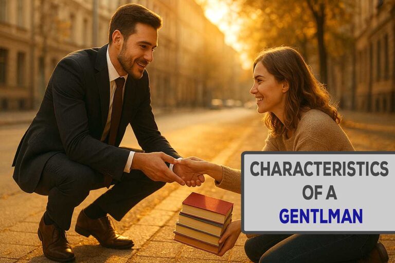 A well-dressed gentleman in a dark suit helps a smiling woman pick up fallen books on a golden autumn street, symbolizing humility, kindness, and true gentlemanly behavior.