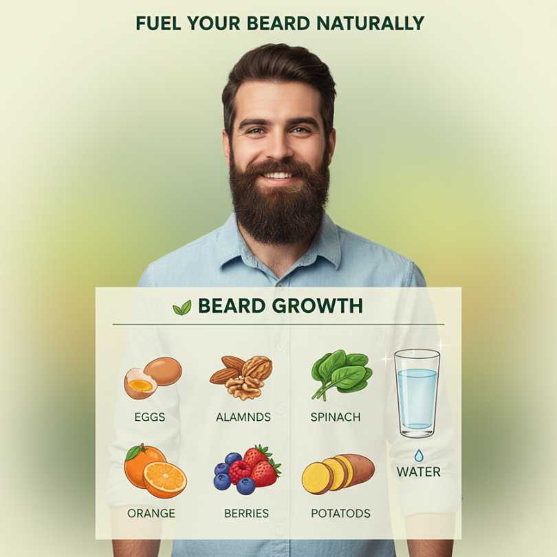 Healthy Foods for Beard Growth Infographic – Eggs, Nuts, Spinach, Fruits, and Sweet Potatoes