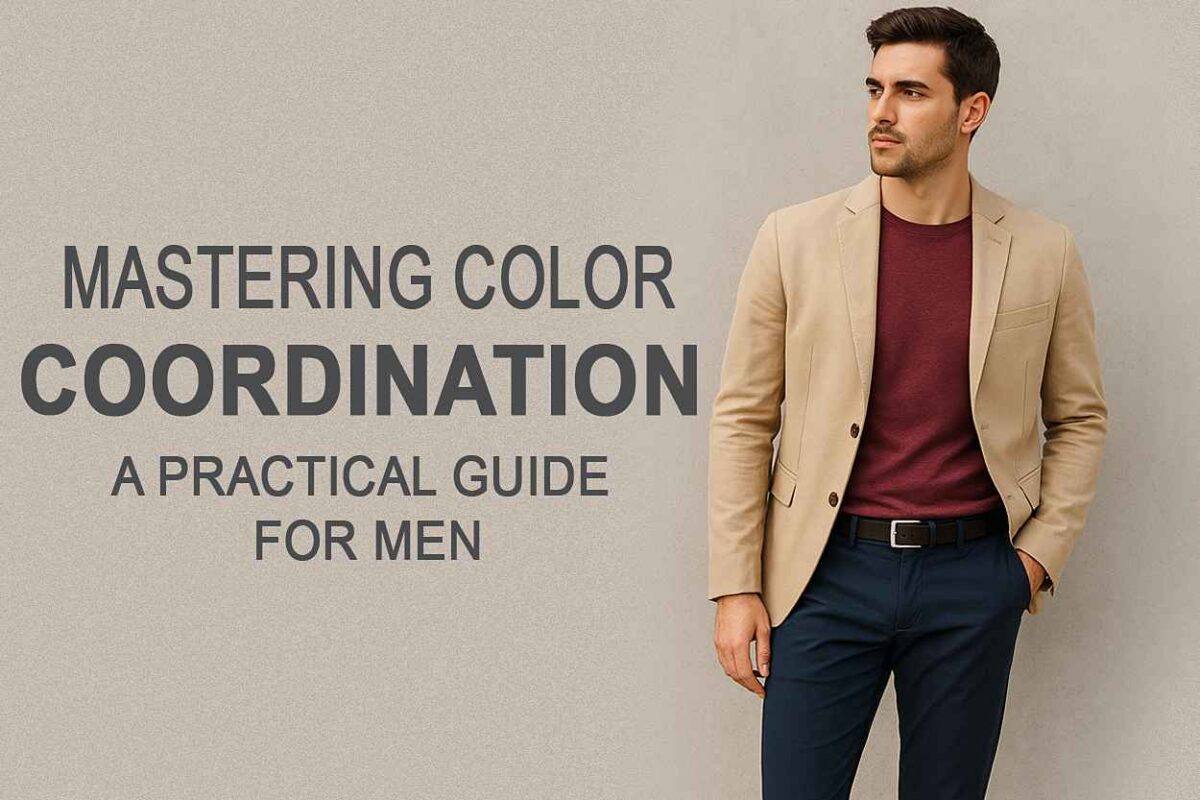 Stylish man wearing a beige blazer, burgundy shirt, and navy pants against a light gray wall, showing perfect color coordination for men’s fashion.